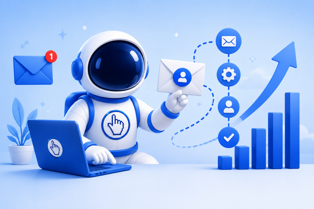 Alvin, the Click Catalyst mascot, using email marketing automation and personalization tools with subscriber targeting, workflow automation, engagement tracking, and conversion growth analytics.