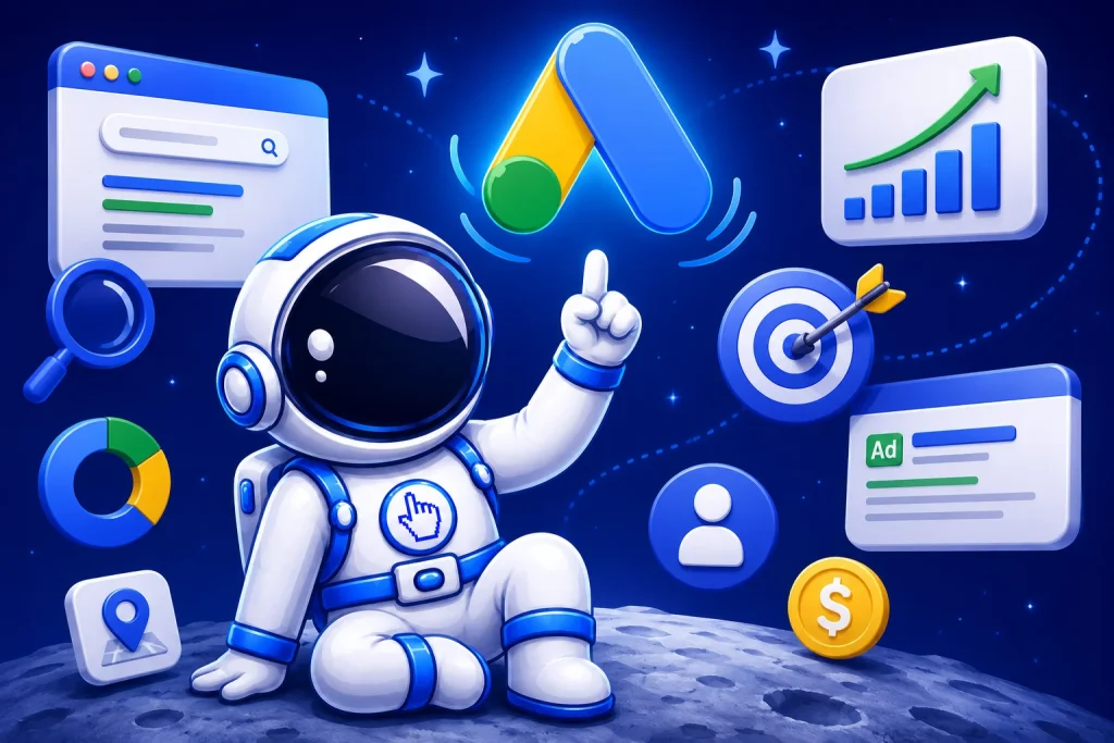 Alvin, the Click Catalyst mascot, sitting beside the Google Ads logo with AI marketing analytics, targeting icons, and growth charts representing Google Ads strategies for California businesses in 2026.
