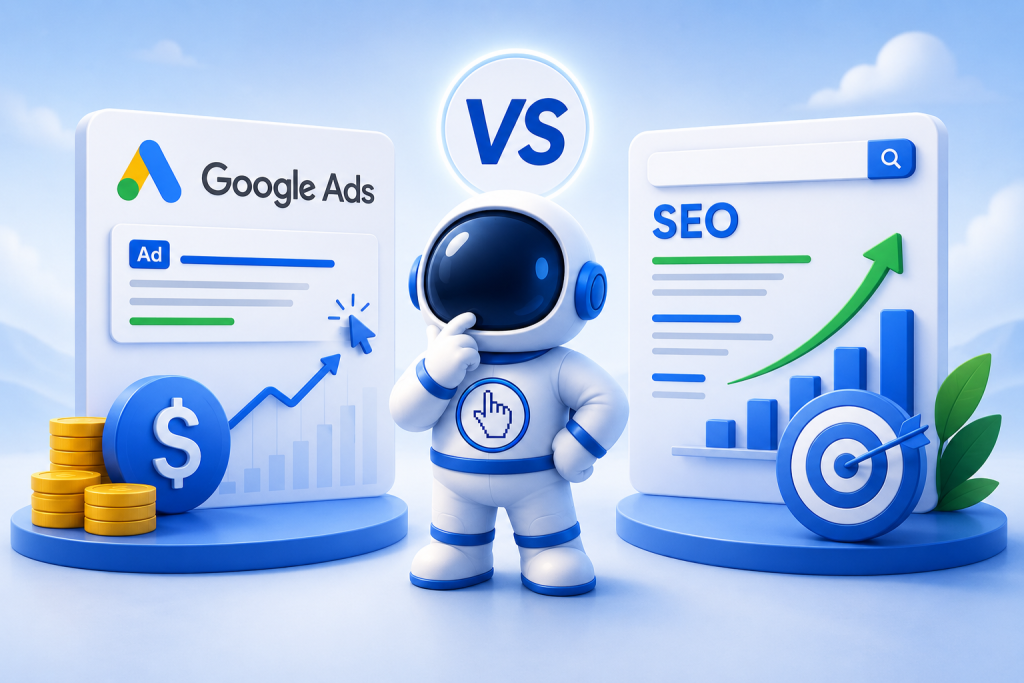Comparison of Google Ads and SEO strategies in 2026 showing paid advertising, organic search growth, ROI analytics, keyword rankings, and digital marketing performance metrics.
