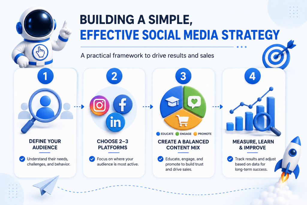 Step-by-step social media strategy framework showing audience research, platform selection, balanced content creation, and performance tracking with social media icons, analytics charts, and marketing visuals.