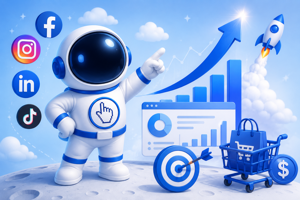 social media marketing strategies for 2026 with Instagram, Facebook, LinkedIn, and TikTok icons, ecommerce sales growth charts, audience targeting, and digital advertising analytics.
