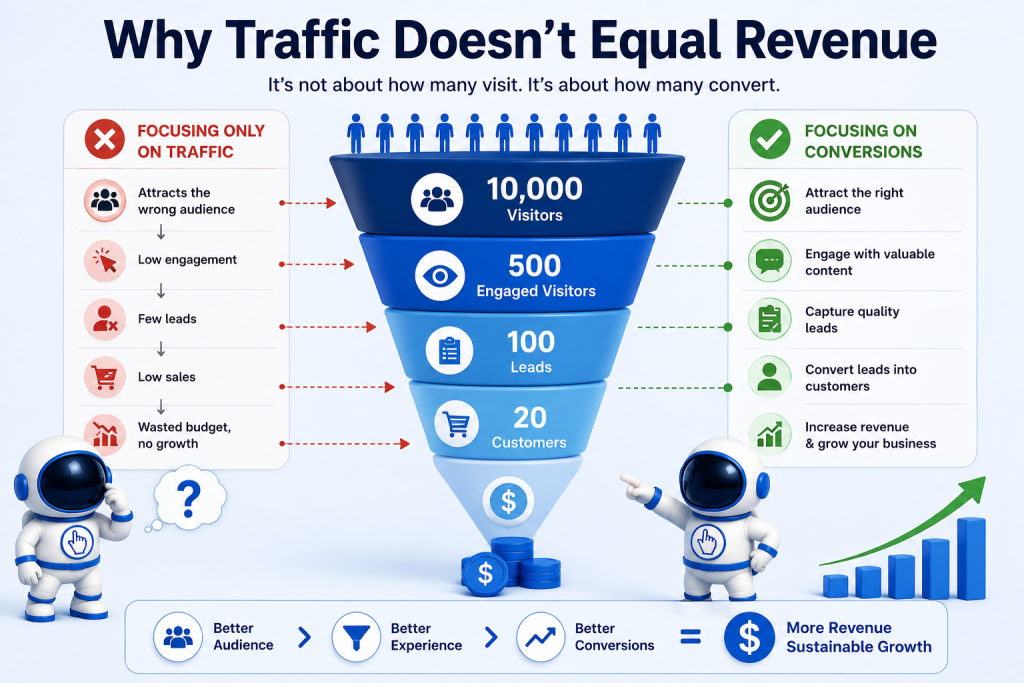 Infographic explaining why website traffic alone does not generate revenue. A funnel diagram shows 10,000 visitors becoming 500 engaged visitors, 100 leads, and 20 customers. The graphic contrasts focusing only on traffic with focusing on conversions, highlighting audience targeting, engagement, lead generation, customer acquisition, and revenue growth.