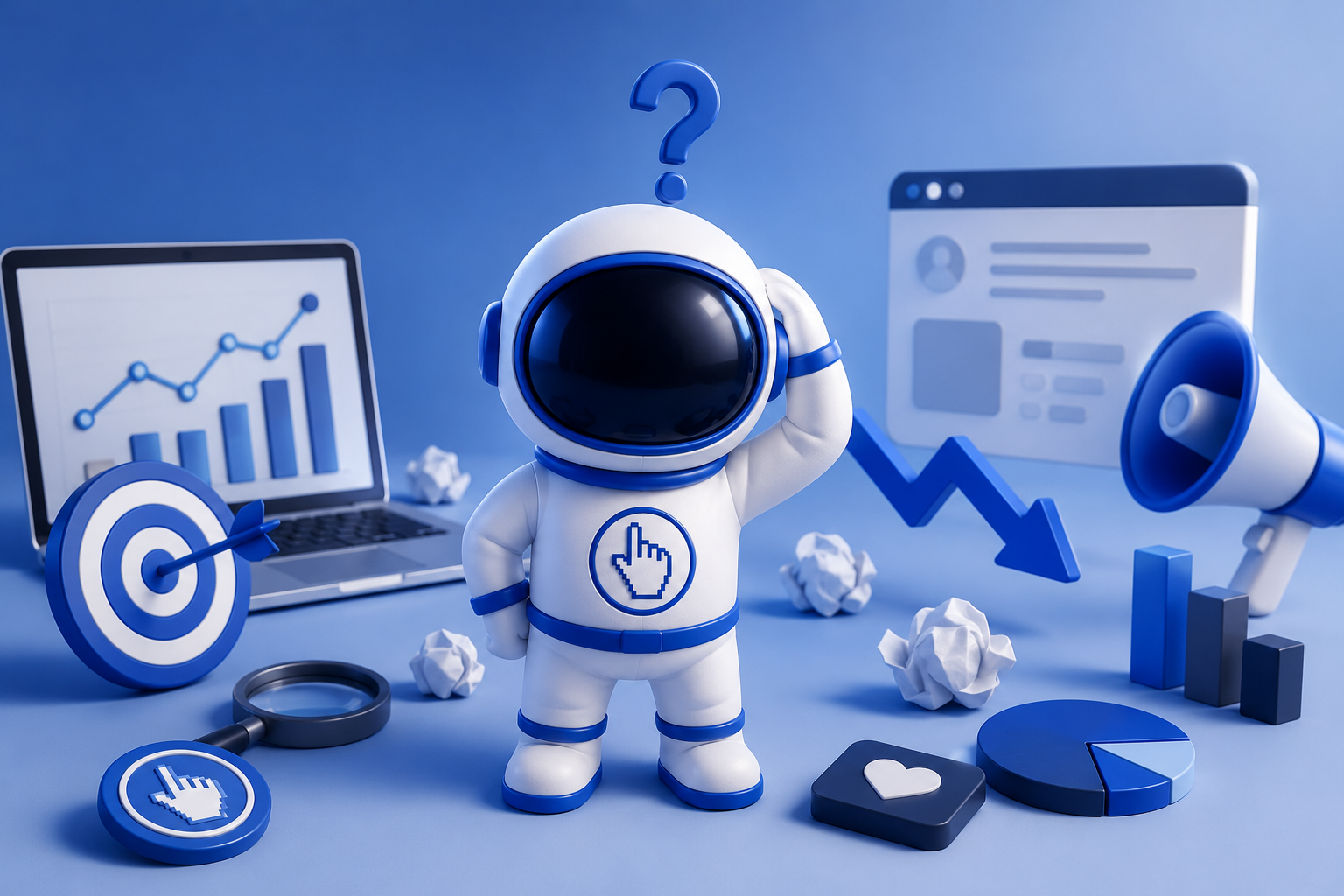 Banner image for an article about common digital marketing mistakes made by small businesses. A blue-and-white astronaut mascot stands surrounded by marketing analytics visuals, including a laptop with performance charts, a target, a megaphone, pie charts, and a downward-trending graph, symbolizing marketing challenges and performance issues.
