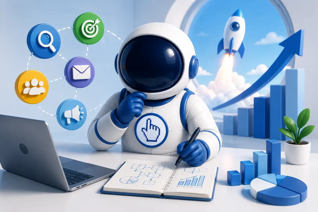 Illustration of a marketing strategist analyzing campaign data to build a marketing strategy based on insights instead of guesswork.