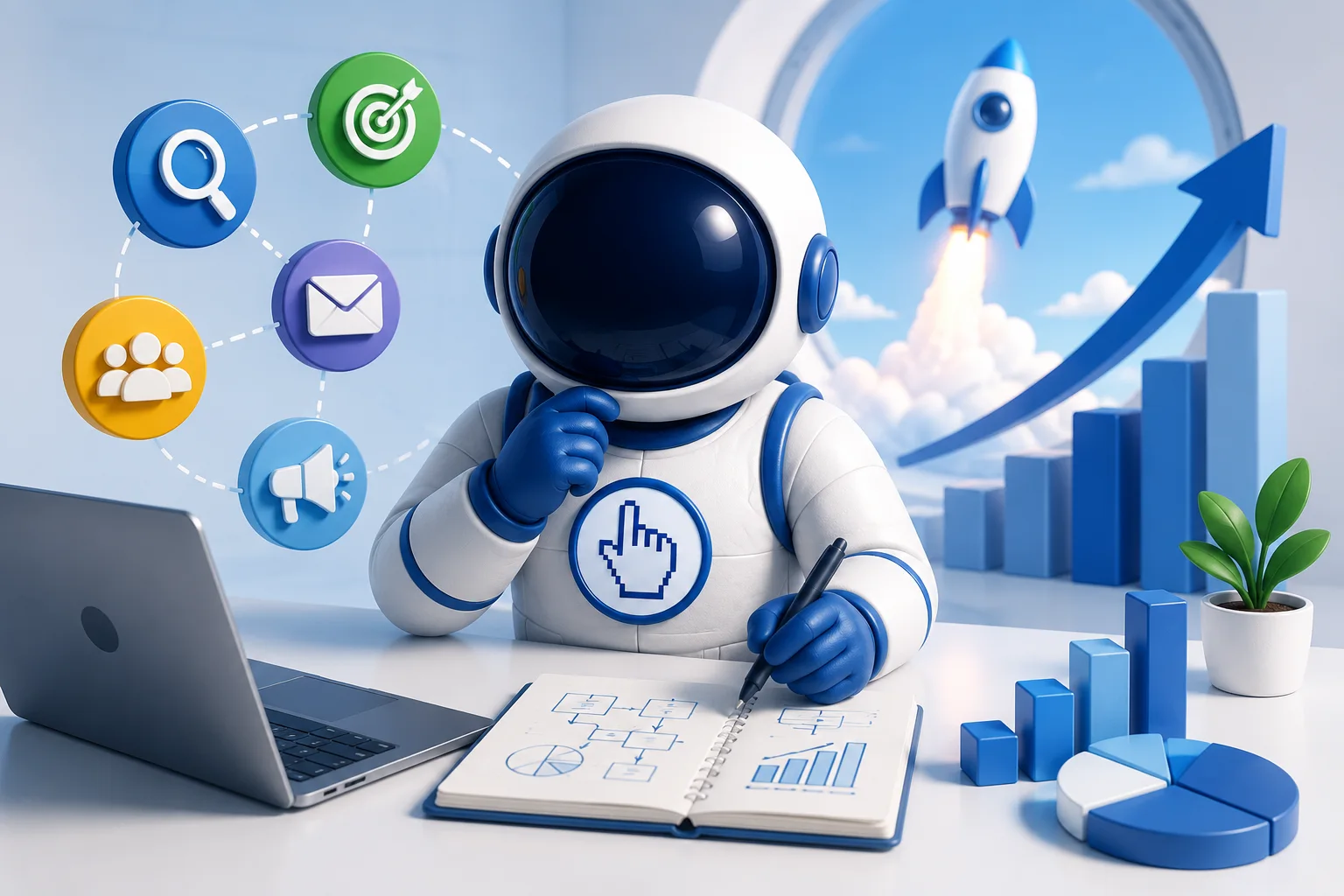 Illustration of a marketing strategist analyzing campaign data to build a marketing strategy based on insights instead of guesswork.