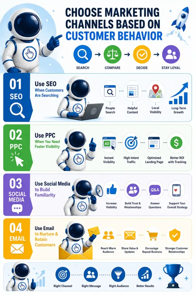 Infographic showing how to choose marketing channels based on customer behavior, including SEO, PPC, social media, and email marketing.