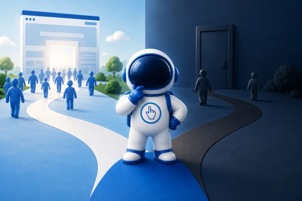 Illustration showing a website attracting visitors but struggling to convert traffic into customers and sales.