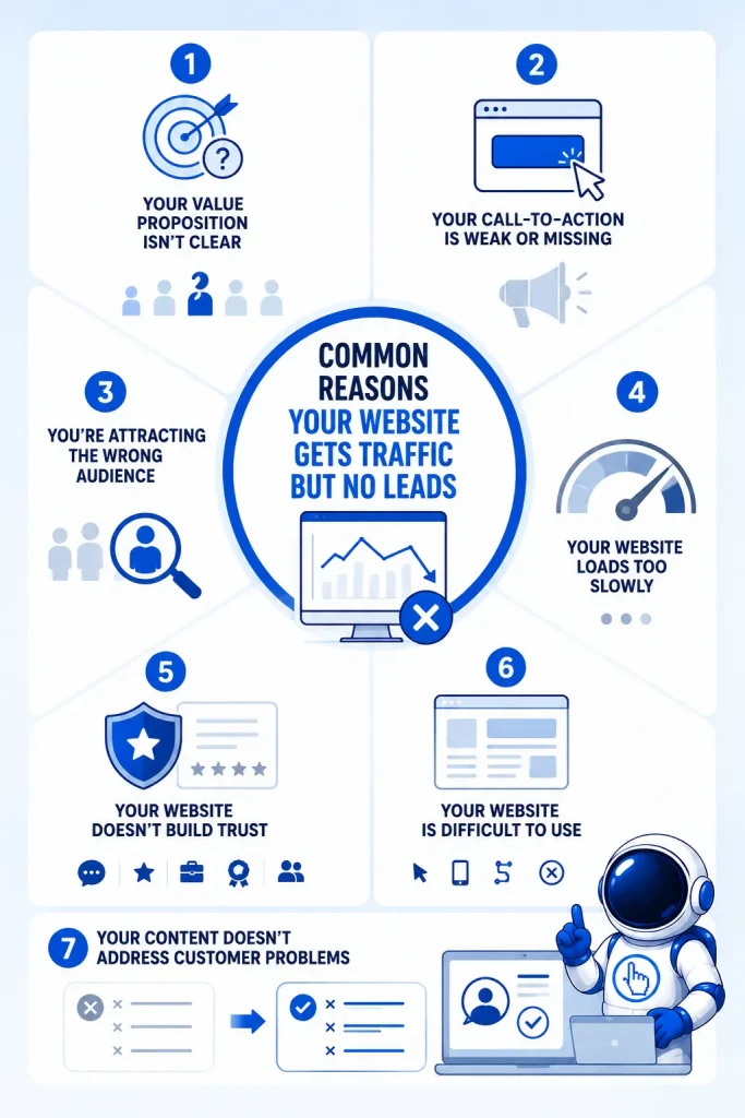 Infographic explaining common reasons a website gets traffic but no leads, including an unclear value proposition, weak call-to-action, poor user experience, slow loading speed, lack of trust, and content that does not address customer needs.