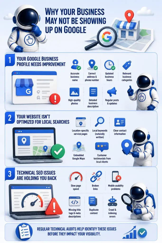 Infographic explaining common reasons businesses do not appear on Google, including Google Business Profile optimization, local SEO, and technical SEO issues.