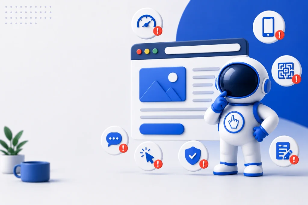 Illustration highlighting common website mistakes that can hurt user experience, conversions, and customer acquisition.