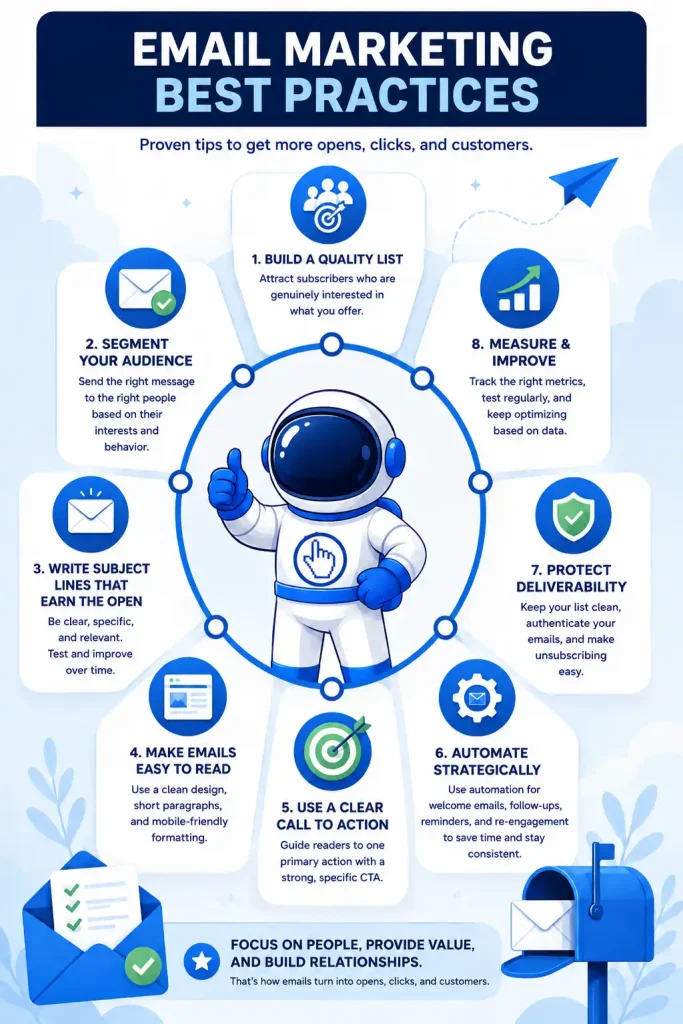 Infographic showing email marketing best practices, including list building, audience segmentation, subject lines, readable emails, calls to action, automation, deliverability, and performance measurement.