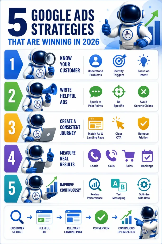 Infographic highlighting five Google Ads strategies that are driving business growth in 2026, including understanding customer intent, creating helpful ads, optimizing landing pages, measuring results, and continuous campaign improvement.