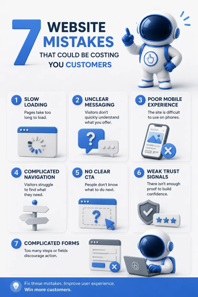 Infographic showing seven website mistakes that can cost customers, including slow loading, unclear messaging, poor mobile experience, complicated navigation, weak calls to action, low trust, and complex forms.