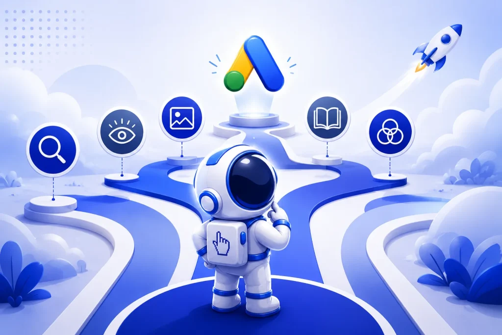 Digital marketing illustration comparing Meta Ads and Google Ads strategies for small businesses.